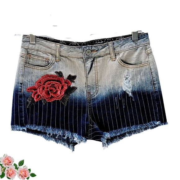 Litz Stripe Umbra Distress High Rise Raw Edge Embroidered Rose Shorts Women's SM - Picture 1 of 12